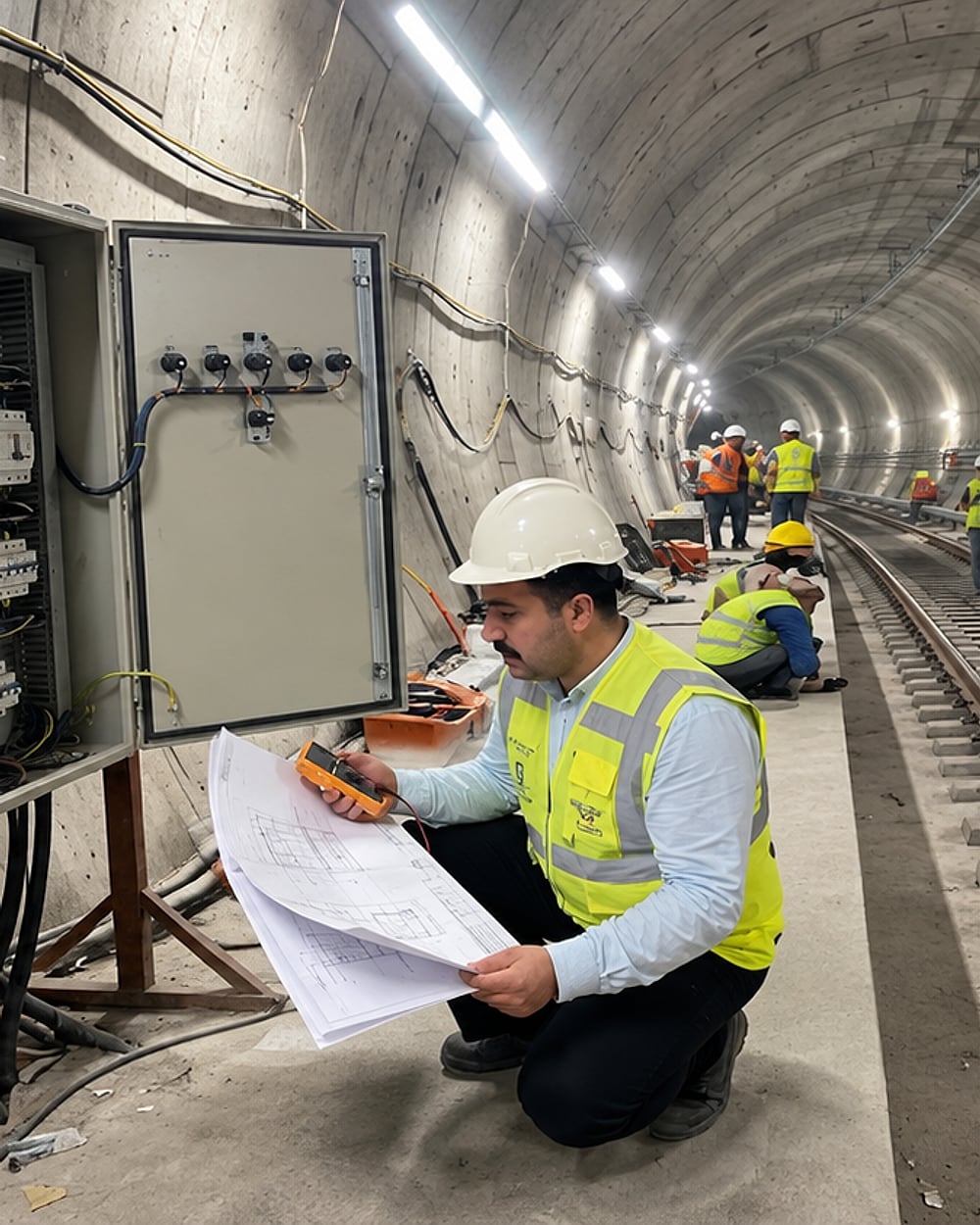 Metro tünelinde elektrik panosu yanında proje çizimlerini inceleyen mühendis